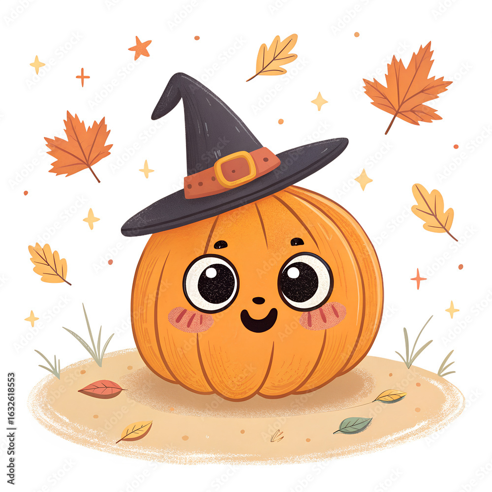 Fototapeta premium Adorable Pumpkin with Witch Hat Halloween Art