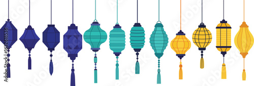 Hanging blue green and yellow traditional Asian lanterns for festive decoration and cultural celebration lighting