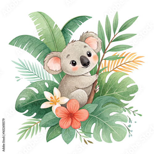 Cute Baby Koala Clipart | Watercolor Jungle Animal Design | Tropical Summer Australian Illustration for Nursery & Craft
