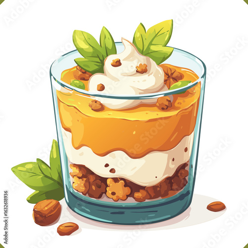 Vector illustration of a layered pumpkin trifle dessert with whipped cream, granola, and mint leaves in a glass cup, isolated on a white background