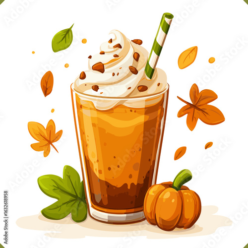 Vector illustration of a pumpkin milkshake with whipped cream, nuts, straw, autumn leaves, and a small pumpkin on a white background
