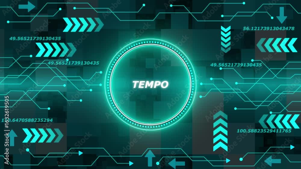 Futuristic Neon Tech Circle Tempo Display with Digital Data Streams and Arrow Graphics