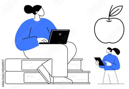 Person working on a laptop seated on stacked books, another with a tablet, and an apple sketch outline. Ideal for education, technology, e-learning, study, knowledge, teamwork and a simple landing