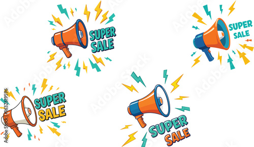 Colorful megaphones with super sale text and lightning bolt icons for advertising and marketing promotion design