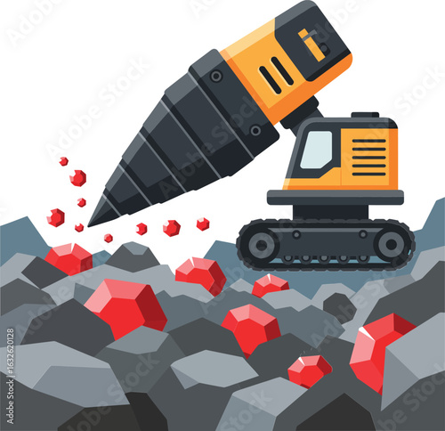 Mining drill machine breaking rocks with red mineral deposits in industrial excavation site