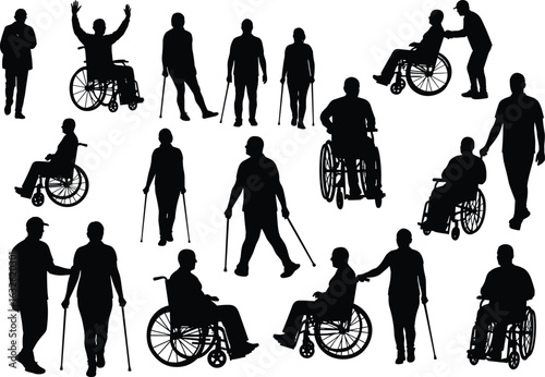 Accessible life silhouettes, disability support icons, editable vector shapes, inclusive mobility design, caregiving artwork, diverse human gestures, rehab symbols pack