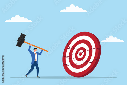 Vector illustration of a businessman cracking a target sign with a hammer, symbolizing breaking through obstacles, achieving goals, determination, and business success
