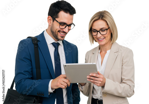 A friendly man in a blue suit and glasses engages with a white woman in a beige blazer, both focused on a tablet PNG.