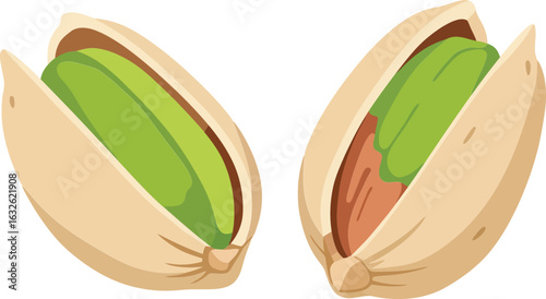 Closeup of two pistachio nuts with shells cracked open showing green kernels natural healthy snack food option