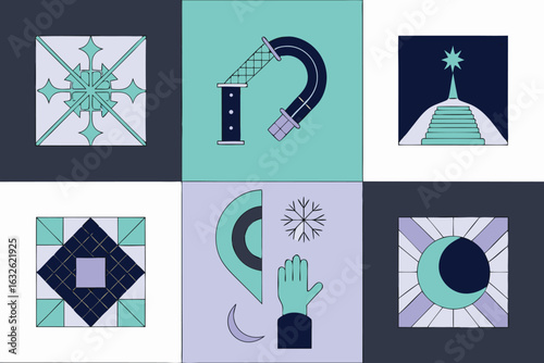 Colorful geometric icons set with nature transportation and architecture set of