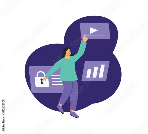 Woman Analyzing Video Content with Data and Security Elements