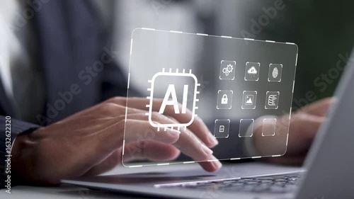 AI technology in daily life and business. Access to big data networks, new era innovation and Deep learning. Businessman using laptop with artificial intelligence technology.