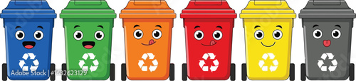 Colorful recycle bins with faces for waste management concept