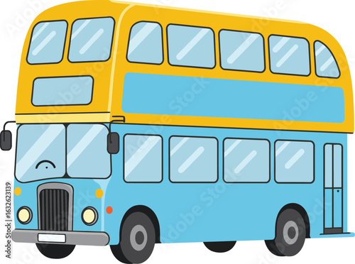 Double decker bus in yellow and blue colors isolated on white background vector illustration for transportation design