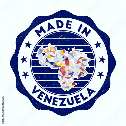 Made In Venezuela. Country round stamp. Seal of Venezuela with border shape. Vintage badge with circular text and stars. Vector illustration.