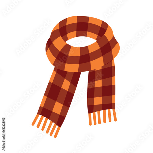 Warm autumn scarf in a check, made in orange and brown tones. The scarf has a classic plaid pattern with tassels on the ends. in vector style on a white background.