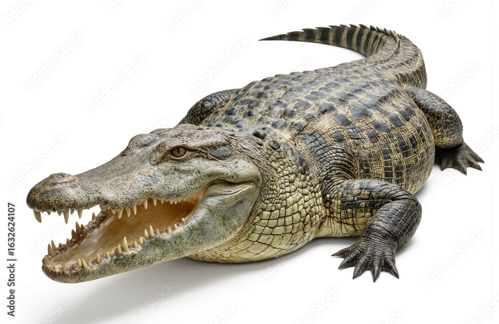 Obraz premium Life-size green alligator isolated on white background. Majestic reptile lies on its side with head turned left and body angled right. Vibrant green scales contrast with white backdrop.