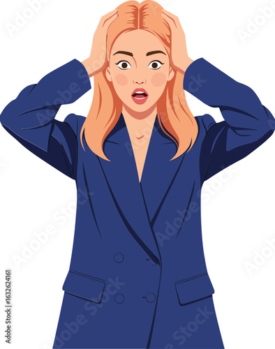 Surprised young woman with orange hair wearing blue jacket holding head in shock expression