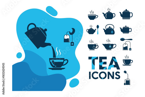 Vector vector art of tea icons collection with pouring and serving elements
