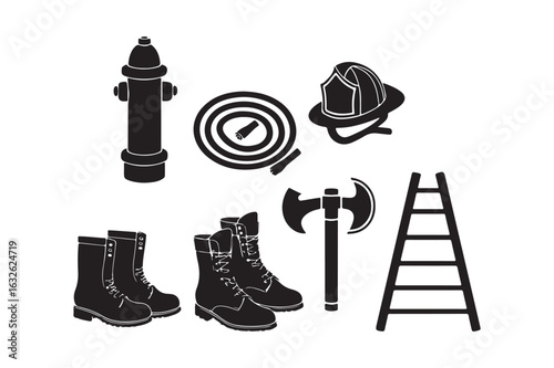 Collection of firefighter equipment silhouettes on a white background