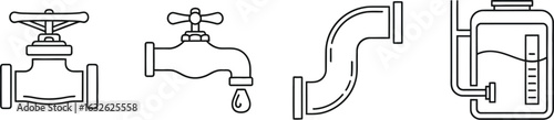 vector icon sheet of  plumbing system components valve, faucet, pipe fitting, and tank, representing water supply, control, and industrial engineering