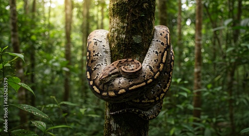 A reticulated python coils around a tree in the middle of an Indonesian tropical forest.