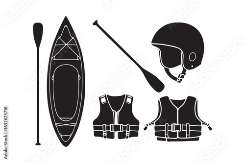 Kayaking gear set silhouette kayak paddle life vest and helmet