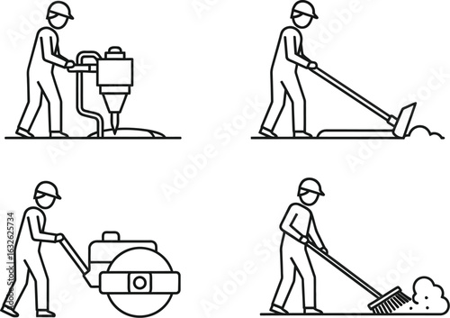 Vector icon sheet of  construction worker operating road equipment, including roller, compactor, rake, and broom, for pavement maintenance and surface repair