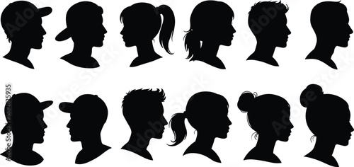 Silhouette avatar set, diverse hairstyles, headwear styles, profile view, editable vector, male female heads, graphic icons, isolated design