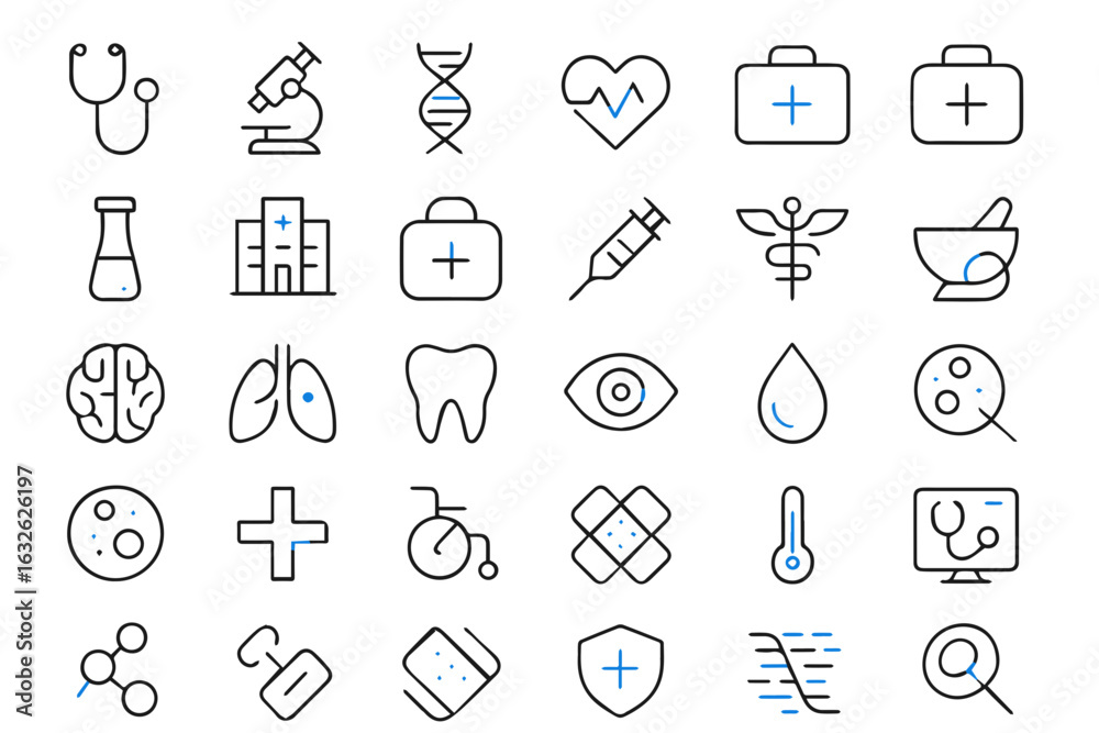 Fototapeta premium Modern Medical and Healthcare Icon Set: 30 Minimalist Line Icons with Blue Accent for Hospital, Clinic, Science, and Telemedicine Apps. Includes DNA, Stethoscope, and Microscope Symbols.
