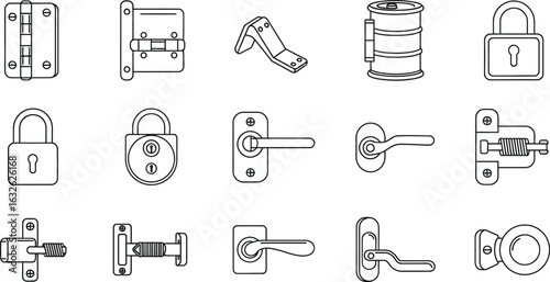 Vector art of set of outline illustrations depicting various door hardware components including hinges, locks, handles, and latches