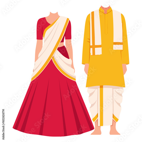 South Indian Half Saree Veshti Kurta Couple Vector - Traditional Ceremonial Attire Logo