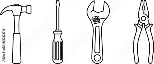 Vector art of set of hand tools including hammer, screwdriver, wrench and pliers for repair, construction, maintenance and handyman work