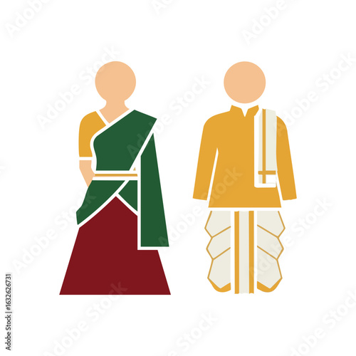 South Indian Half Saree Veshti Kurta Couple Vector - Traditional Ceremonial Attire Logo