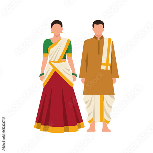 South Indian Half Saree Veshti Kurta Couple Vector - Traditional Ceremonial Attire Logo