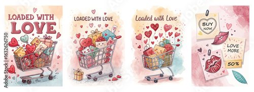 Set of four posters with whimsical shopping carts filled with heart gifts and romantic symbols