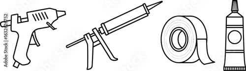 Vector art of set of adhesive tools including glue gun, caulk gun, tape and tube for repair, construction, maintenance and handyman work