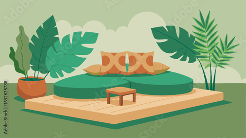 A lounge area with a low cushioned bench and oversized floor cushions all adorned with leafy green pillows.