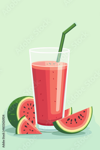 Refreshing watermelon juice in glass with slices on green background, perfect for summer