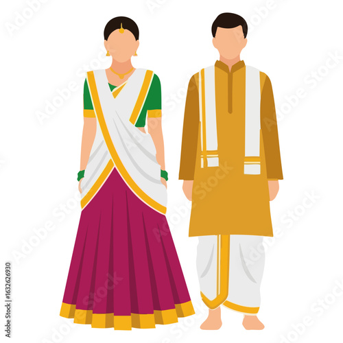 South Indian Half Saree Veshti Kurta Couple Vector - Traditional Ceremonial Attire Logo