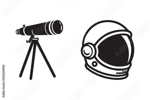 Astronaut helmet and telescope icon set