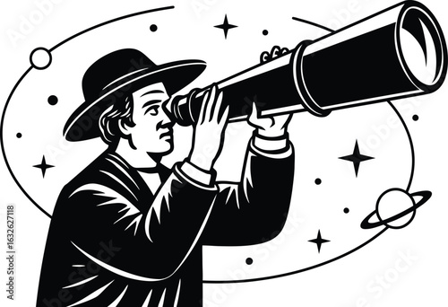 Astronomer with Telescope Icon – Space Exploration Vintage Vector Illustration Isolated on Transparent Background.
