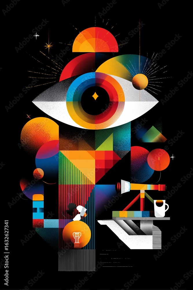 Obraz premium Colorful geometric eye design with various shapes and elements on a black background.