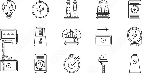 Vector icon sheet of energy and power generation equipment for renewable, sustainable, and ecofriendly technology and industrial production