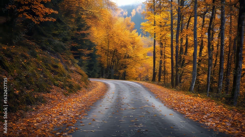 Obraz premium Picturesque autumn road meandering through a vibrant mountain forest landscape filled with color