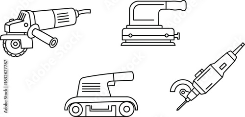 Vector art of set of power tools, including angle grinder, belt sander, orbital sander, and detail sander, for construction, repair, and diy projects