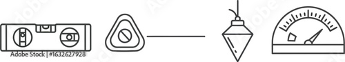 Vector art of set of construction tools including a level, a plumb bob, a line level, and a gauge for measuring angles and slopes for building