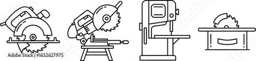 Vector art of set of woodworking saws, including circular saw, miter saw, band saw, and table saw for cutting wood in carpentry and construction projects