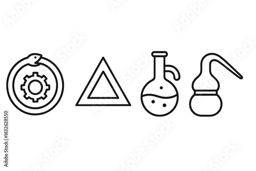 Alchemical symbols icon set. Outline vector illustration of Ouroboros with gear, philosopher's stone, elemental triangle, distillation flask, and alembic retort.