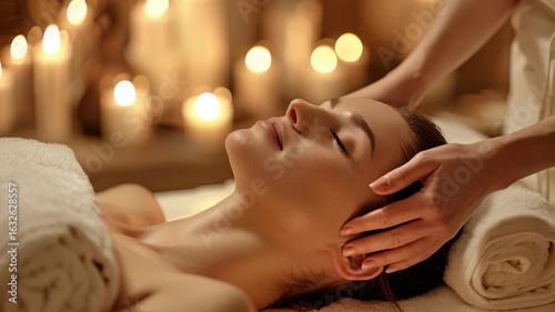 Wallpaper Mural Woman is receiving head massage in dimly lit spa, creating relaxing atmosphere. Her eyes are closed, she looks calm. scene includes soft towels, glow candles. Torontodigital.ca